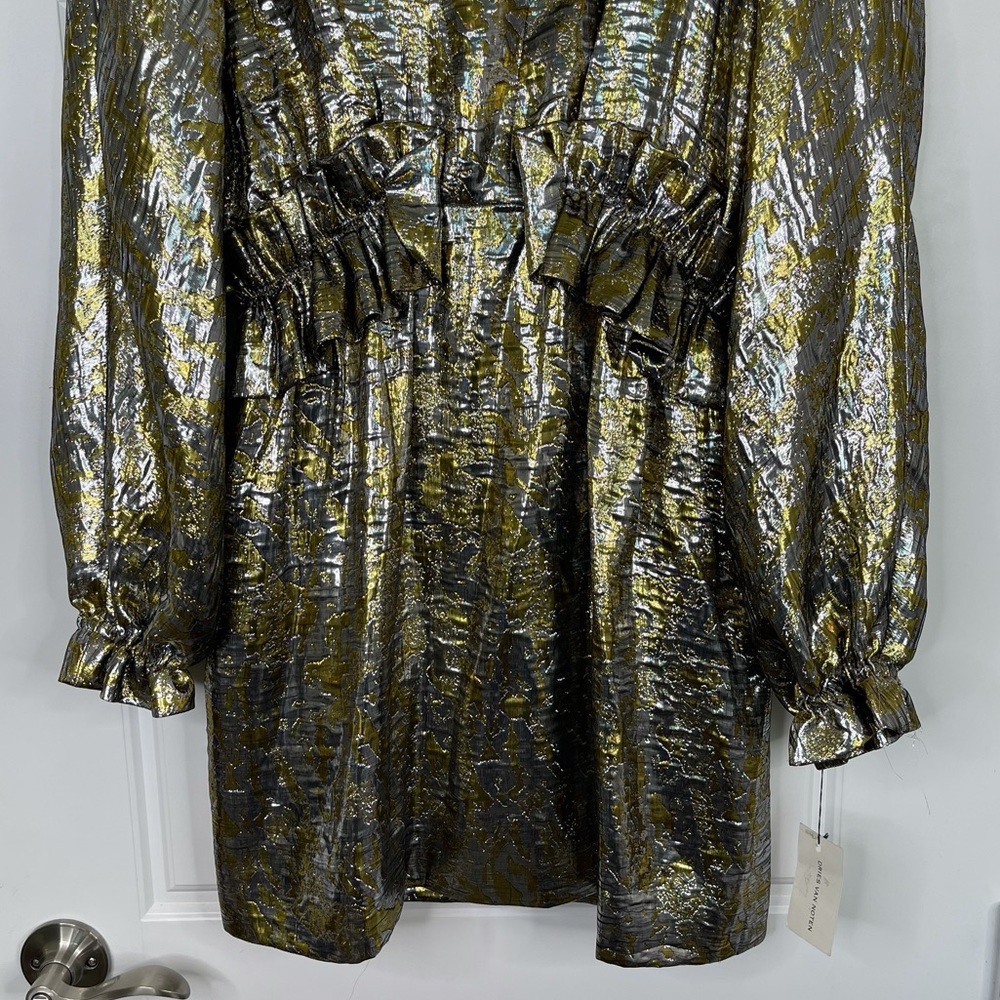 DRIES VAN NOTEN Ruffle Trimmed Metallic Silk Blend Brocade Dress NEW Silver Gold - Picture 4 of 15
